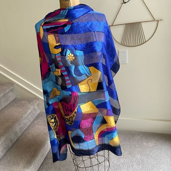 Silky Synthetic Picasso Fine Art Abstract Large Scarf Wrap Shawl - 41" Square - Picture 5 of 10